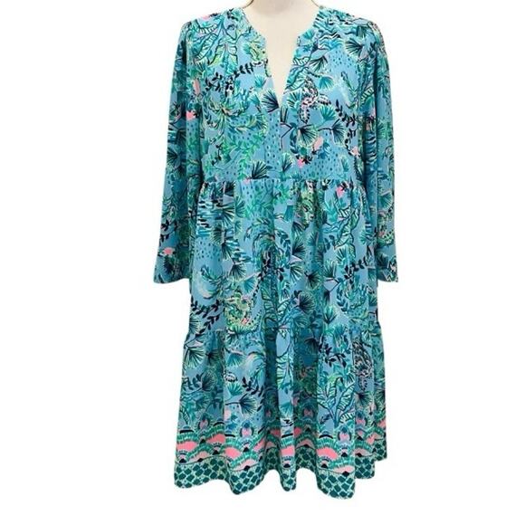 Lilly Pulitzer Baby Doll Swing Dress Green Pink Tropical Turtle Large - Picture 1 of 6